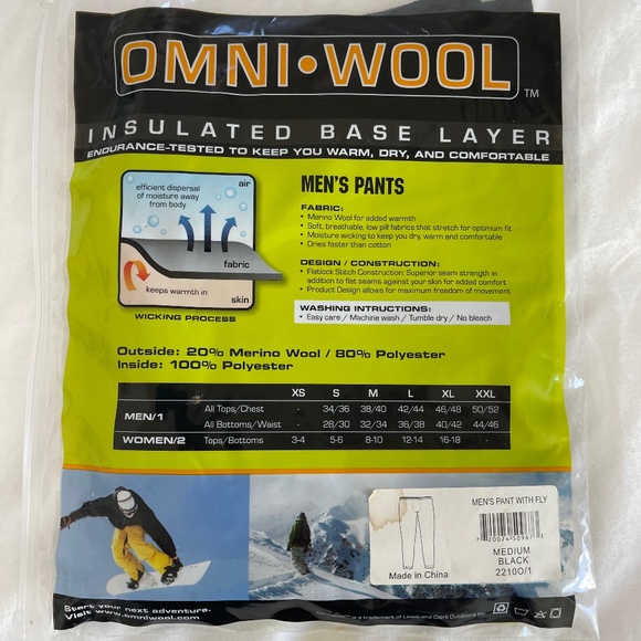 Omni Wool Insulated Base Layer Men's Medium Weight Pants With Fly Outdoor Black - Picture 3 of 6